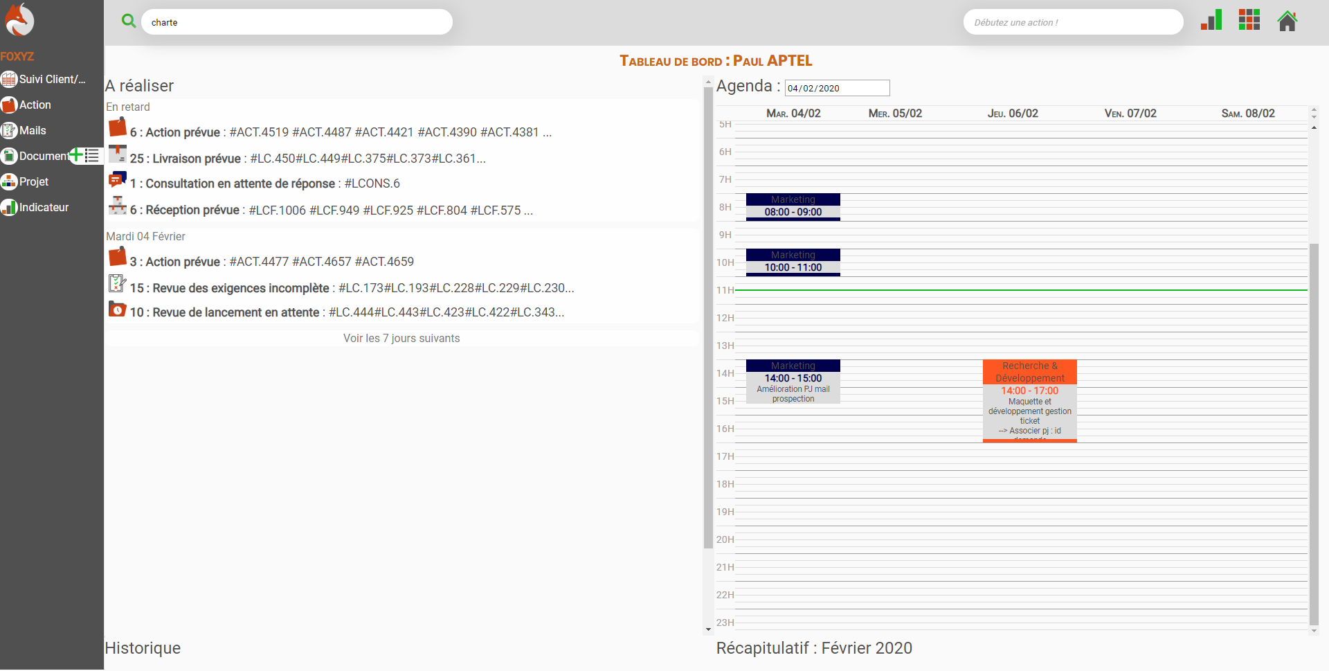 Foxyz - BI : Dashboard avec suivi des actions en cours et Agenda collaboratif.