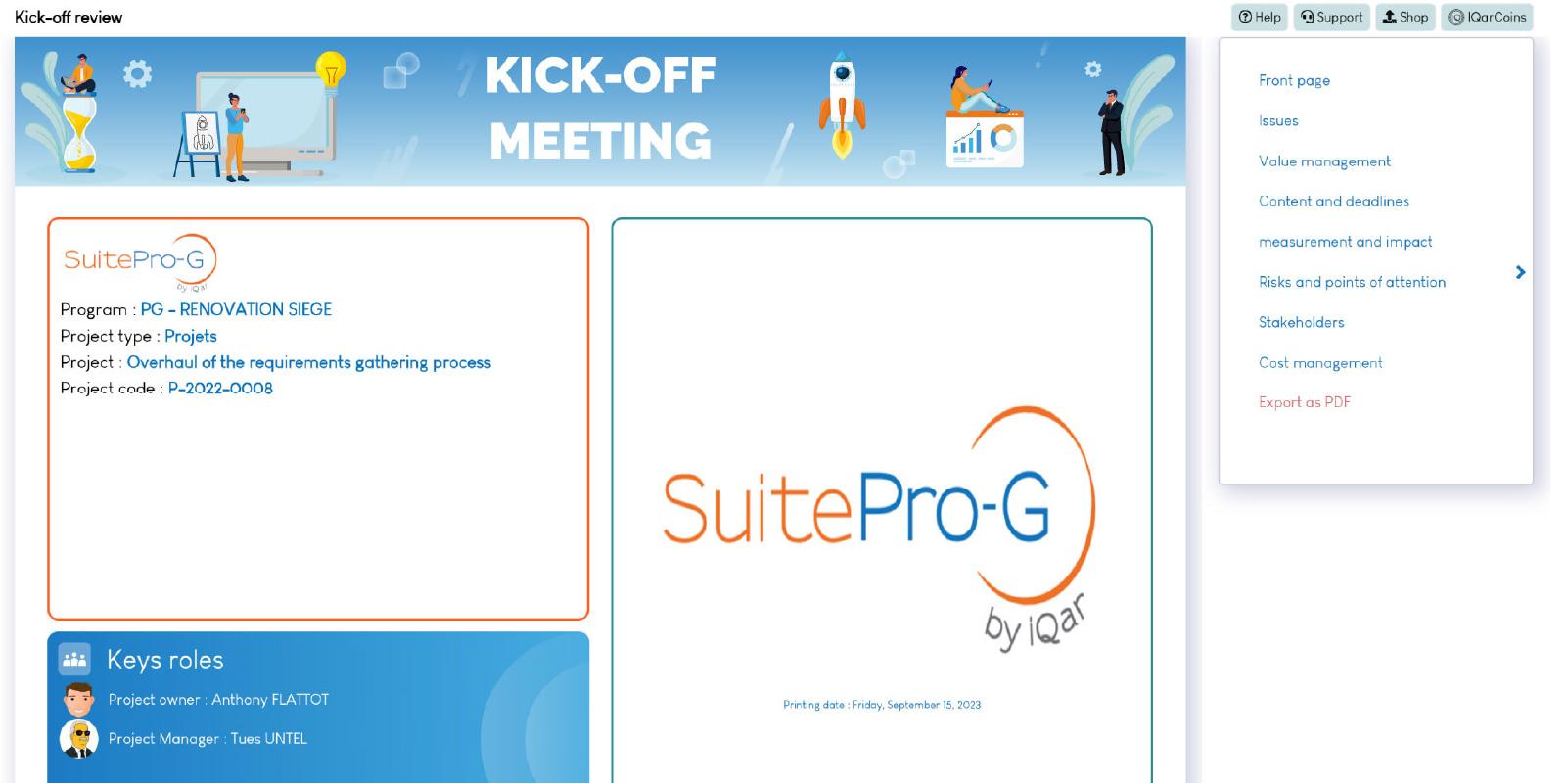 SuitePro-G - Monitor the quality and the efficacy of the project with the kick-off meeting report