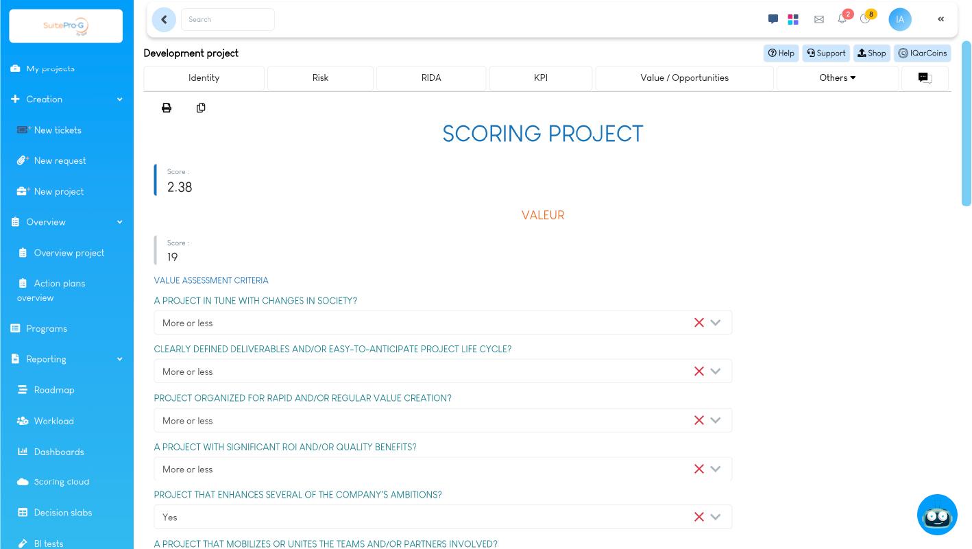 SuitePro-G - Scoring allows you to give a note to a project in SuitePro-G. Scoring helps to clarify
the alignment of the project with the strategies of a program or an enterprise.