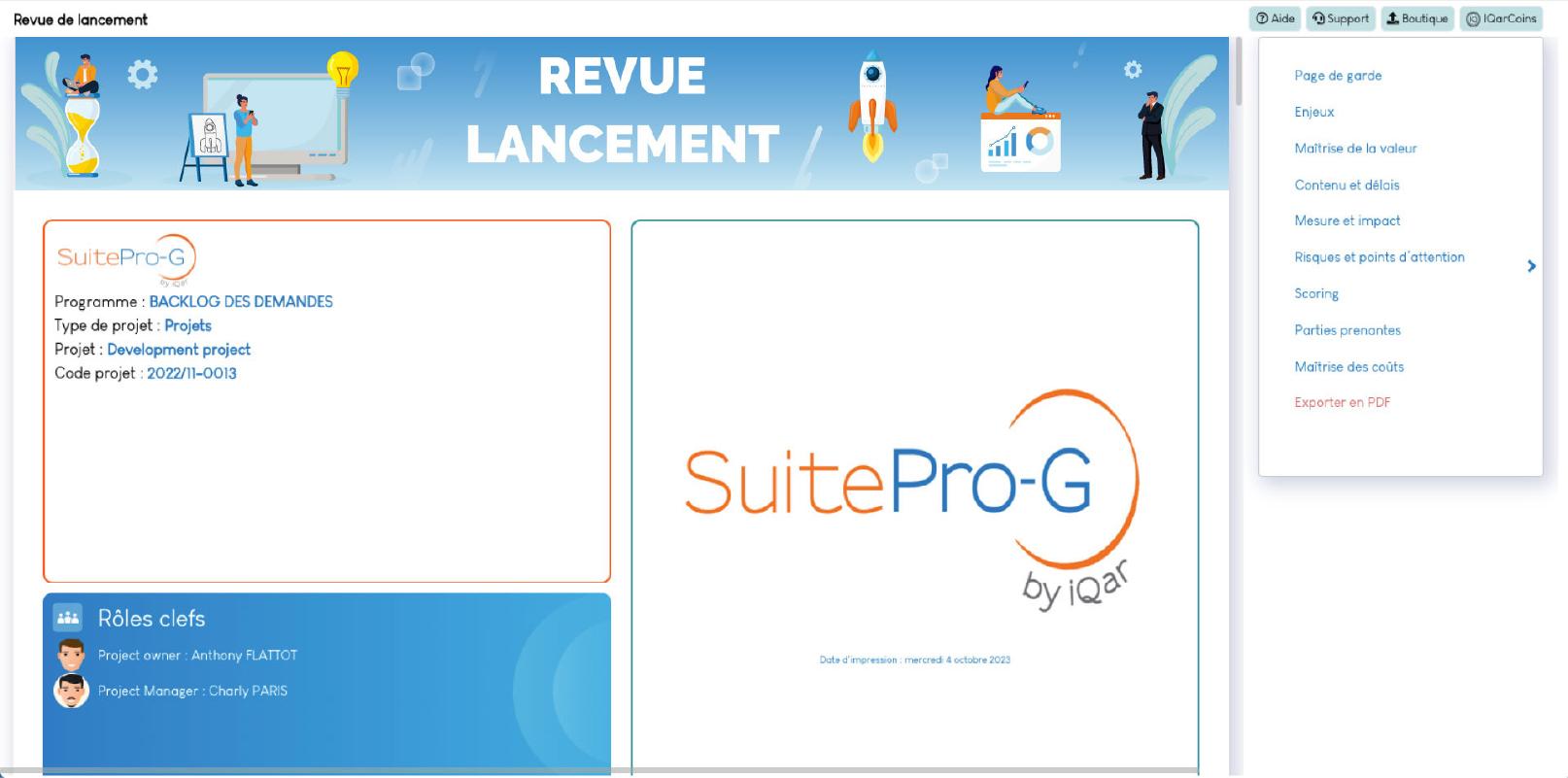 SuitePro-G - Créez la revue de Lancement en un seul clic.
