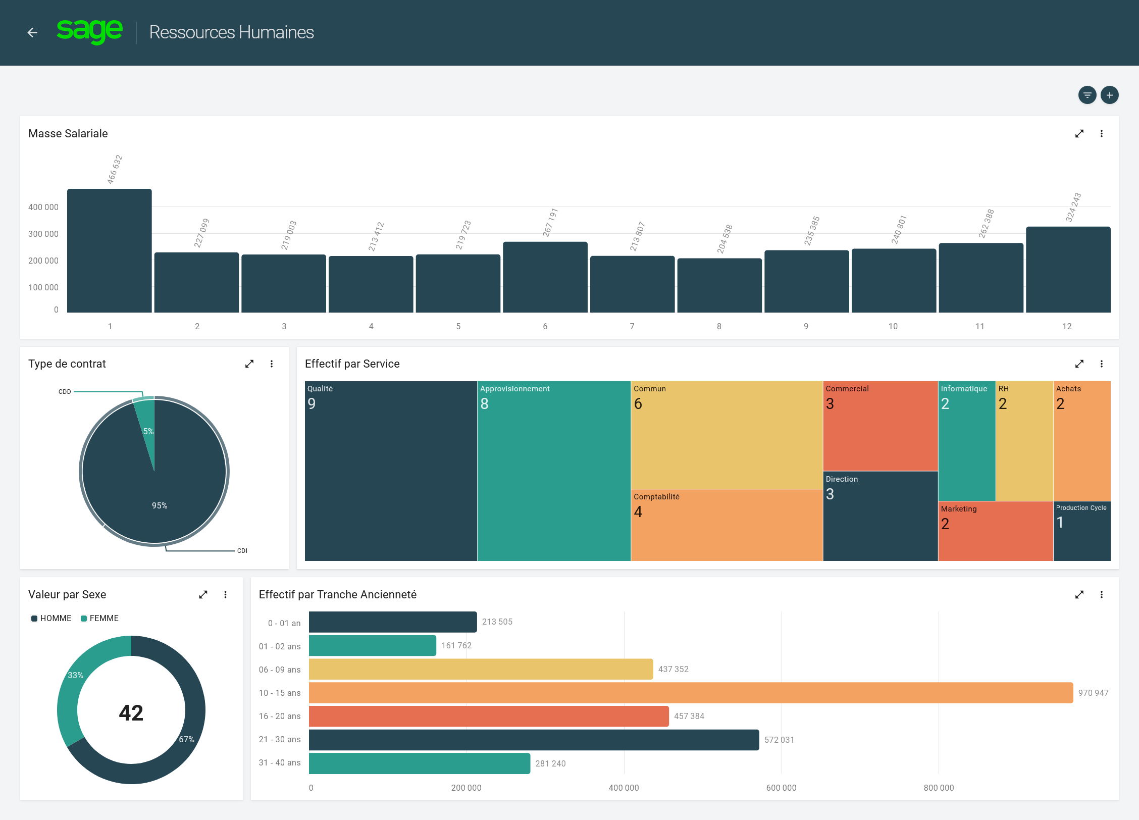 Sage Business Cloud Paie - Analysez facilement vos indicateurs sociaux : Dataviz exploite nativement les données DSN de Sage Business Cloud Paie pour les transformer en visuels ludiques et explicites.