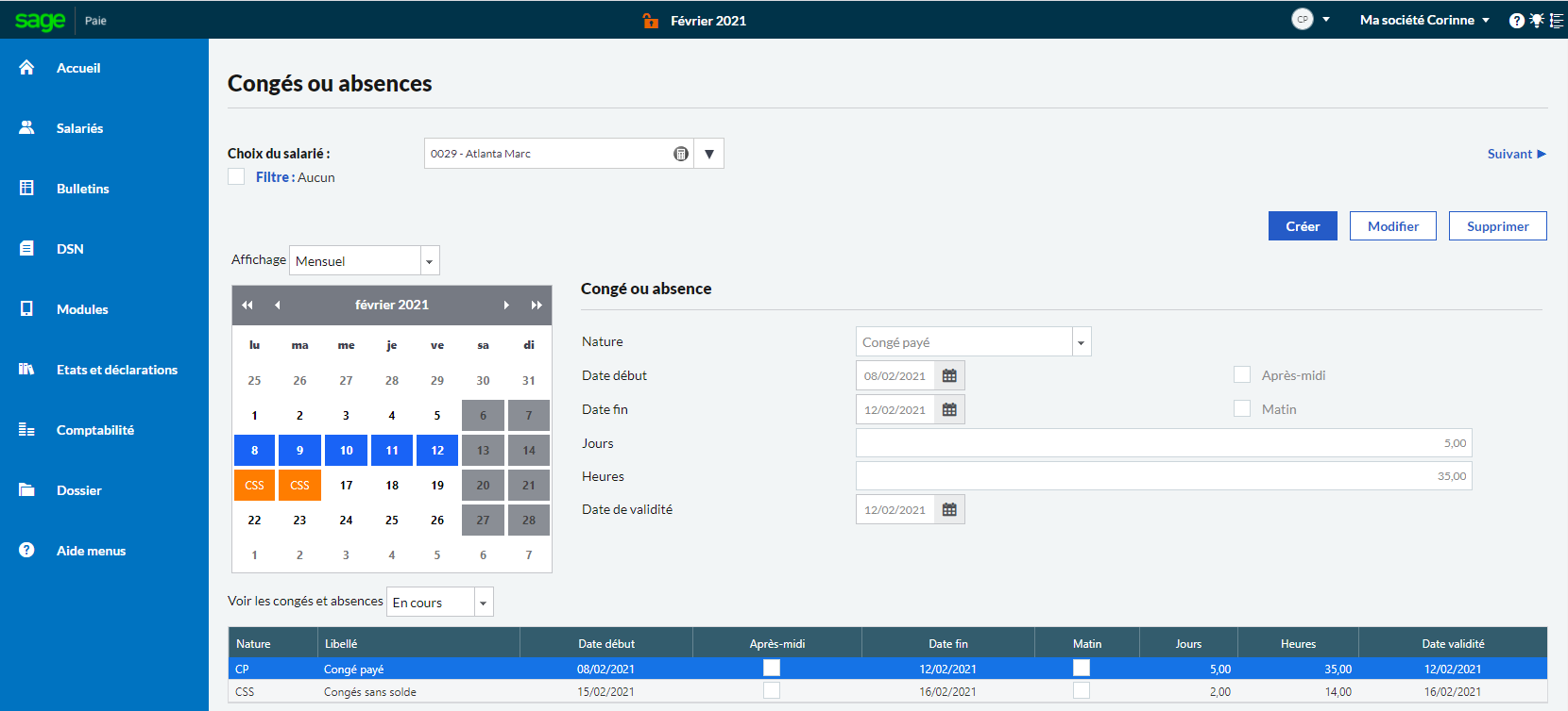 Sage Business Cloud Paie - L’ensemble du cycle de gestion des congés et absences est fiabilisé, de la demande 
de congés jusqu’à l’envoi des données en paie pour la préparation des bulletins (option).