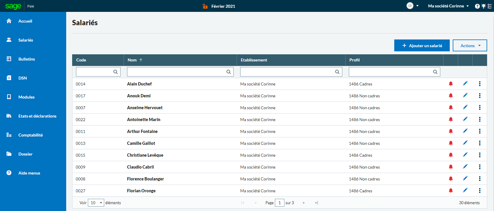 Sage Business Cloud Paie - Exemple d'une vue muti salariés