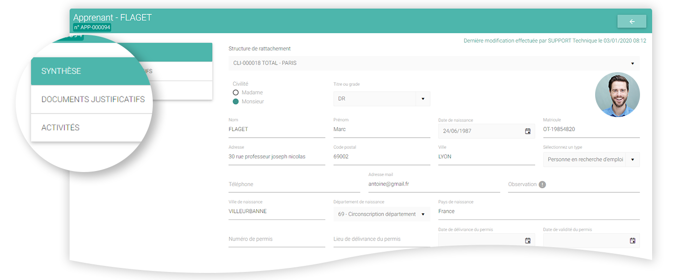 Argalis - Assurez le suivi de vos apprenants grâce à une fiche individuelle détaillée et la possibilité d'y relier des documents téléchargés