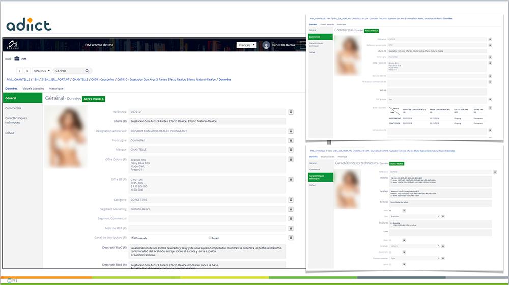 Adiict - Interface de saisie du PIM avec visualisation des contextes (WEB, Général, etc).