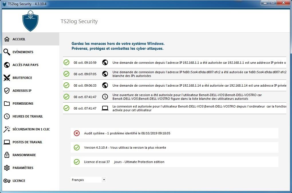 TS2log - Ecran d'accueil de la console d'Administration de TS2log Security