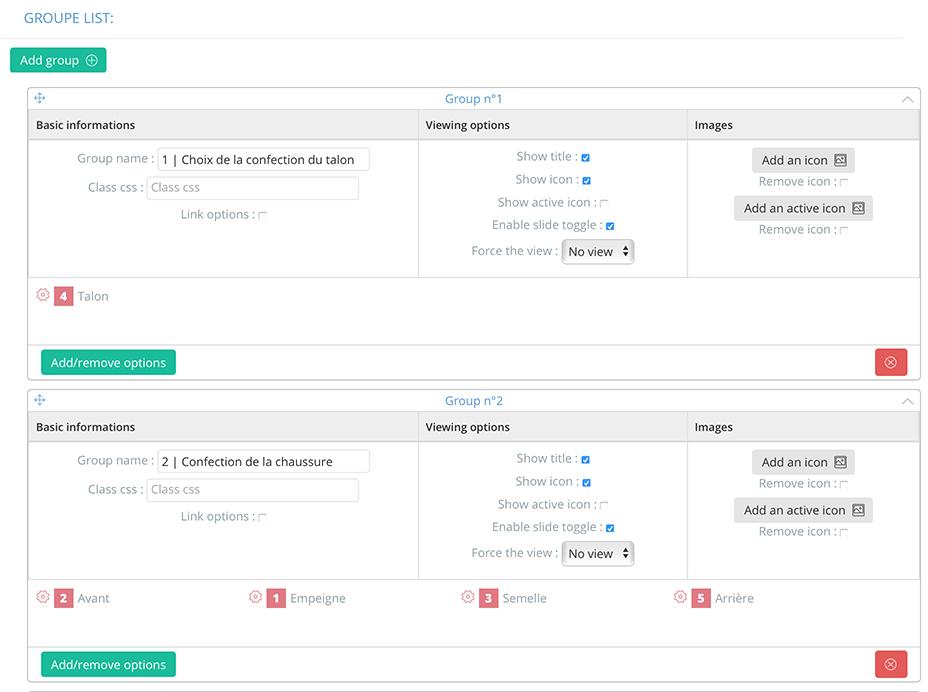 Predesire configurateur - Backoffice : Gestion des groupes d'options