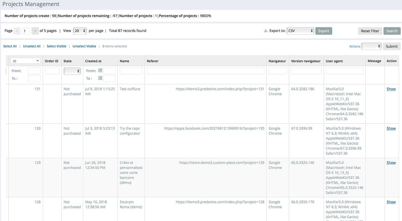 Predesire configurateur - Backoffice : Vue des produits personnalisés et sources des customisation (pour rémunérer les affiliés)