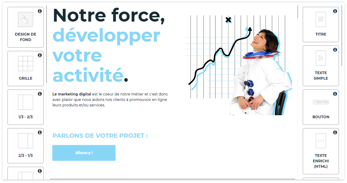 Maarketer - Créez votre site web en quelques clics. Notre CMS est facile d'utilisation et intuitif. Sélectionnéz un layout et utilisez la fonction drag and drop pour y déplacer les widgets dont vous avez besoin.