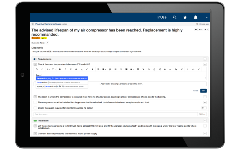 InUse - Acelerar la edición de registros de mantenimiento de sus equipos de forma automática mediante la incorporación de datos en tiempo real.