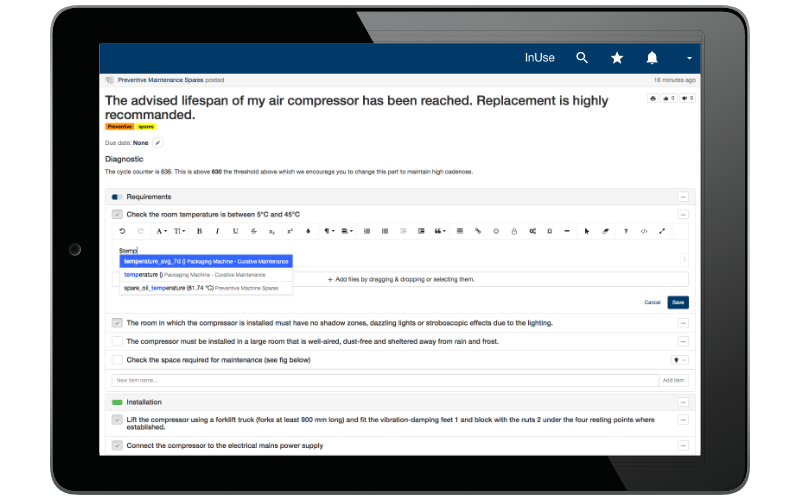 InUse - Accelerate editing maintenance records of your teams by automatically incorporating real-time data.