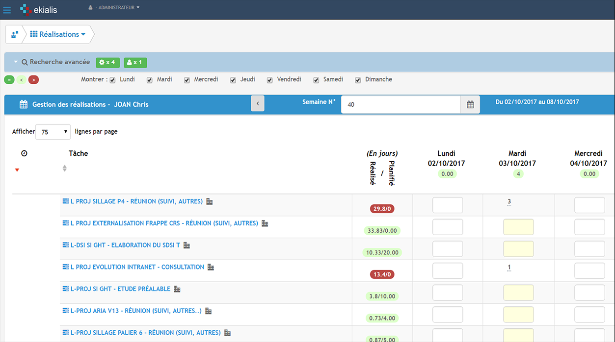 EKIALIS Pilot - Tableau de gestion des réalisations (tâches) des intervenants