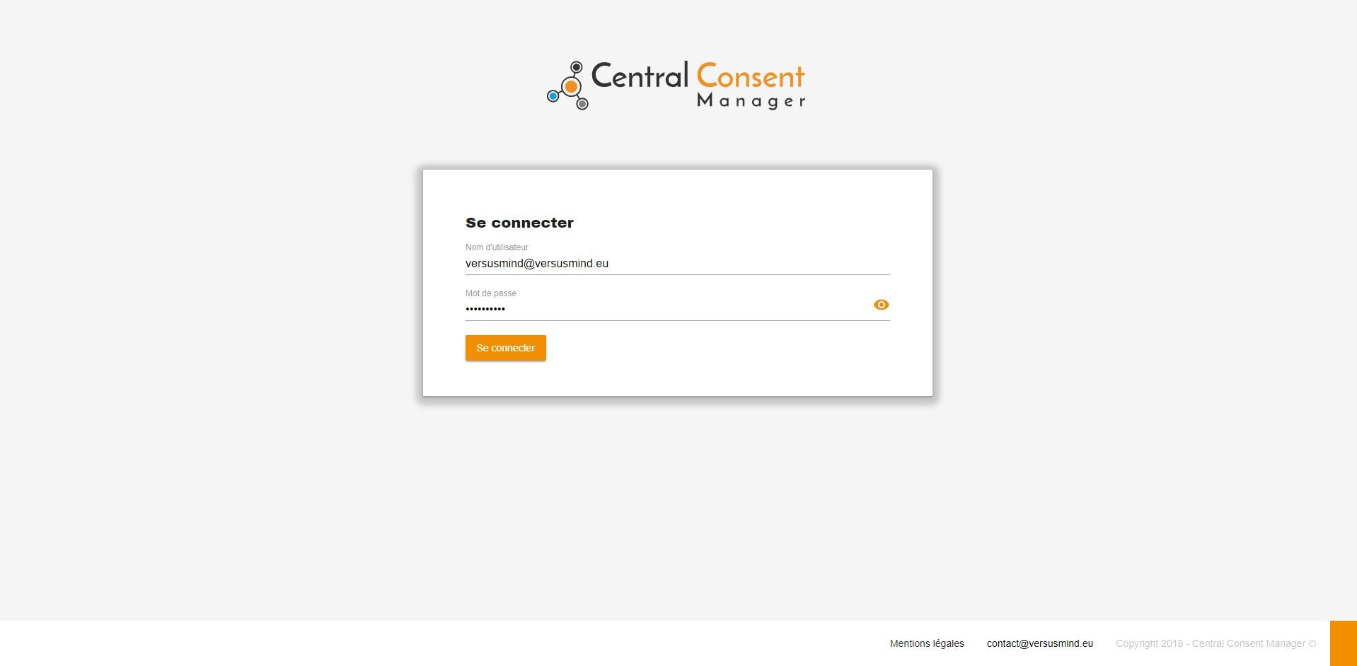 Central Consent Manager - Ecran de connexion