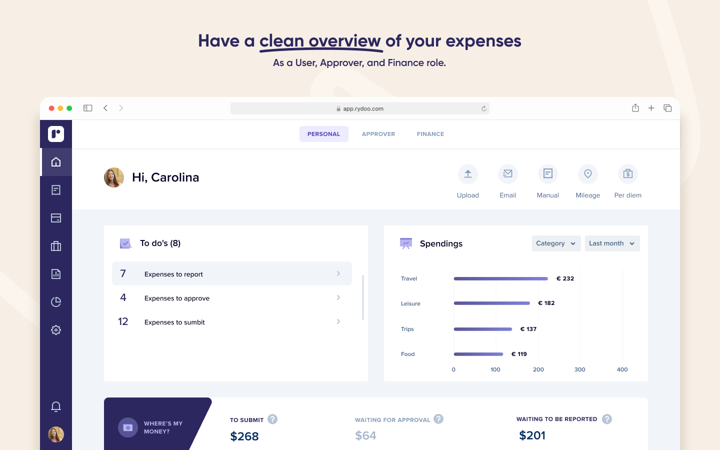 Rydoo - Have a clean overview of your expenses: As a user, approver and finance role.