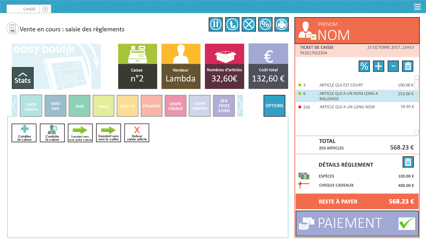 Easy'boutik - Options d'interface d'une vente en cours