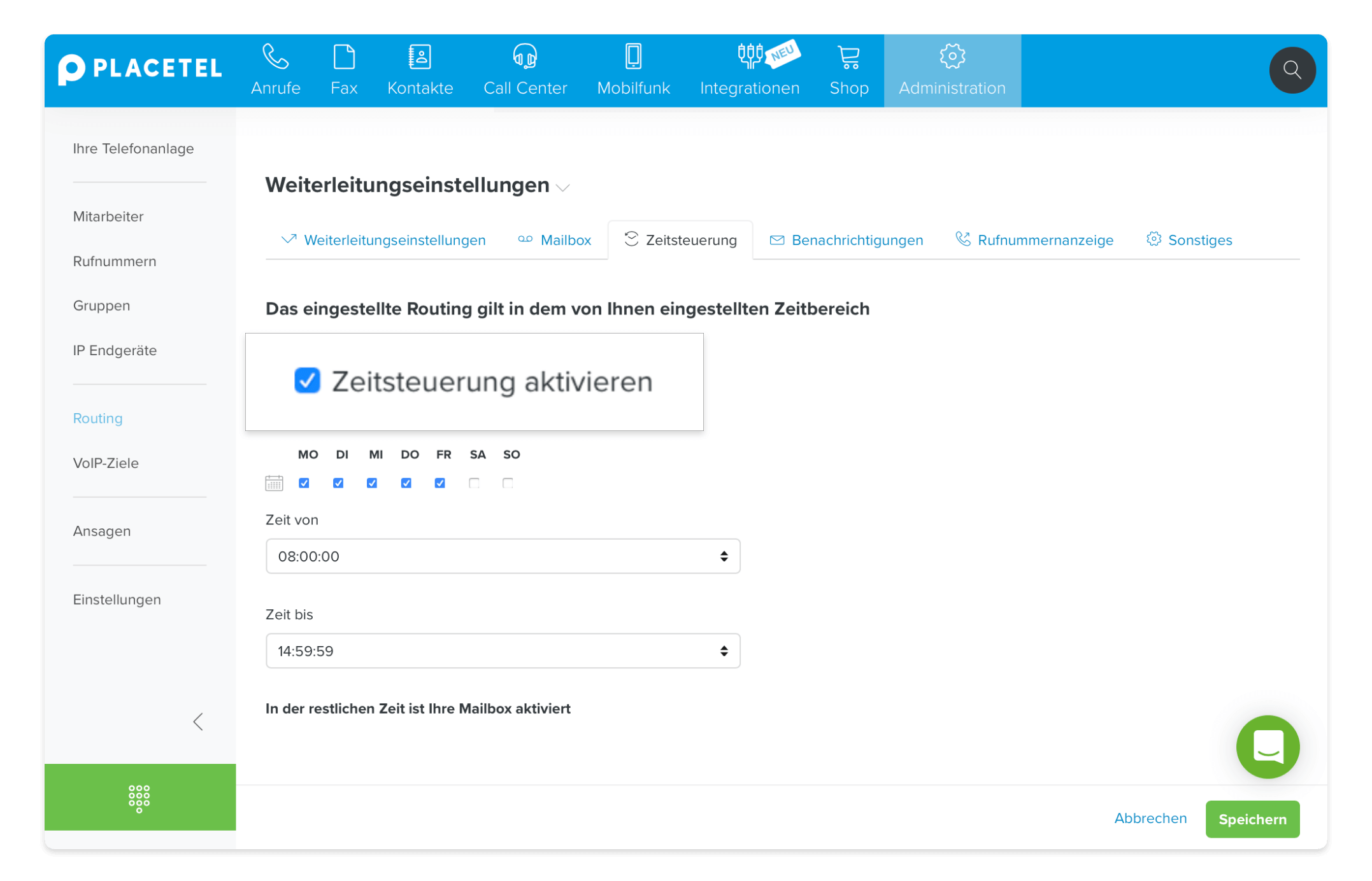 Placetel - Zeitbasiertes Routing einrichten