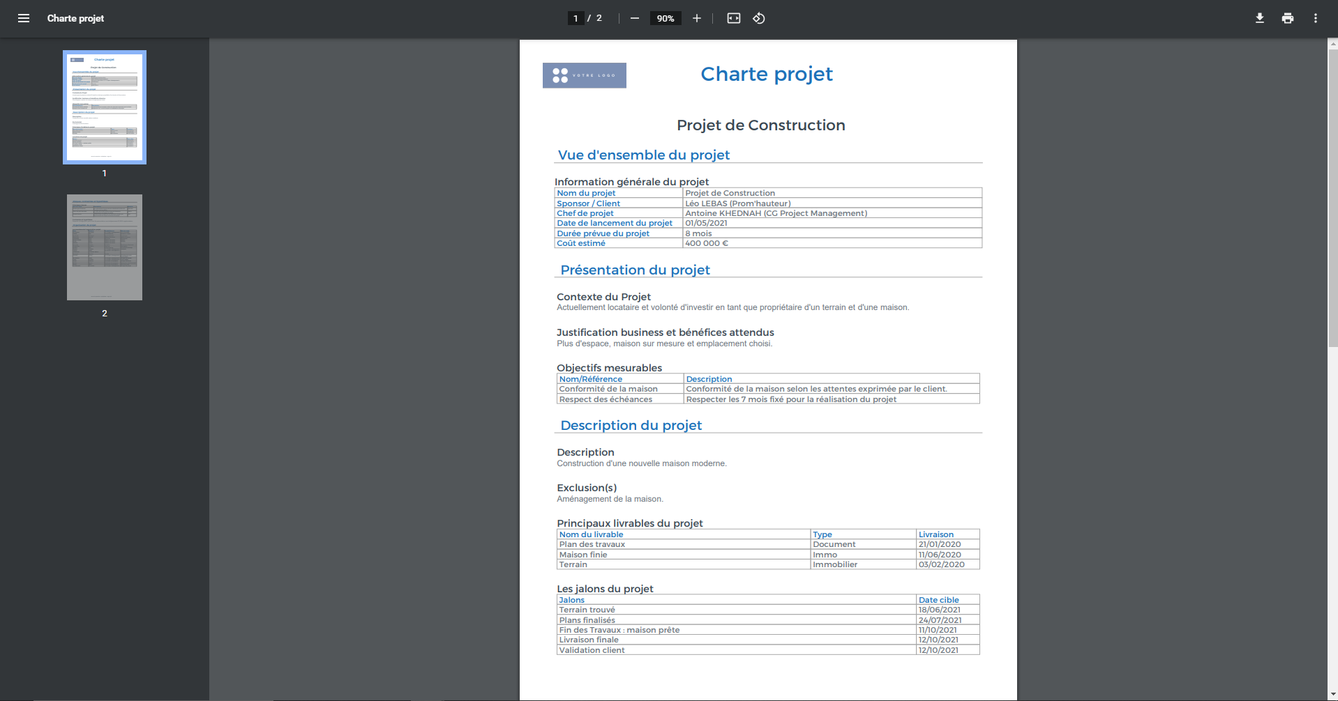 Gouti - La Charte projet, document de cadrage, permet de définir le périmètre d'un projet. Elle est exportable en PDF.