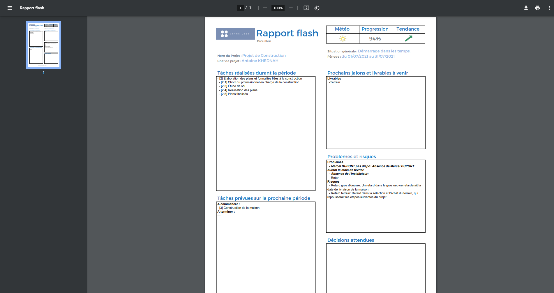 Gouti - Le Rapport Flash permet de réaliser un reporting rapide sur l'état d'avancement du projet. Il est prérempli et éditable avant de l'exporter en PDF.