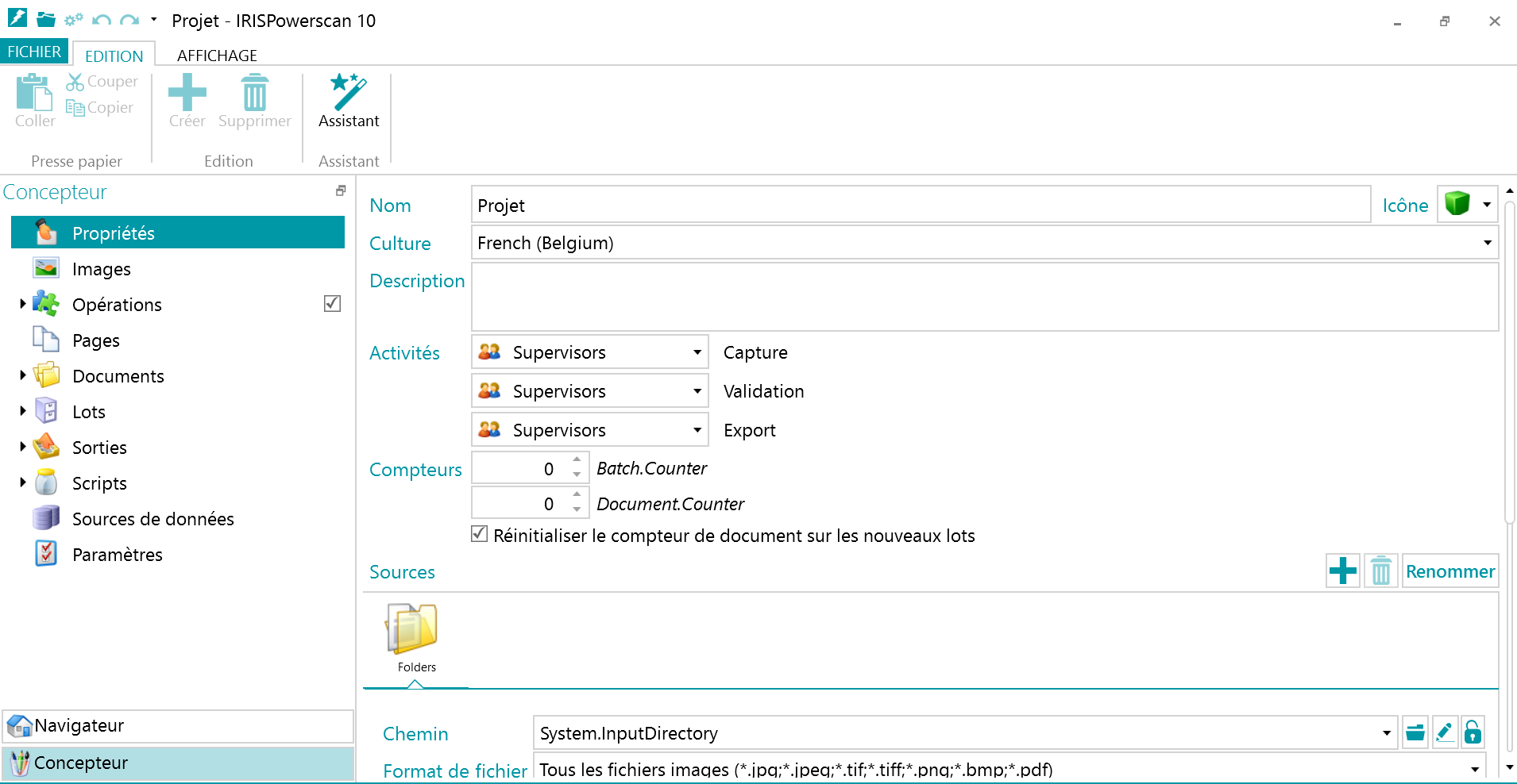 IRISPowerscan - Vue de l'interface "Concepteur" d'IRISPowerscan pour paramétrer le projet et le traitement des documents.