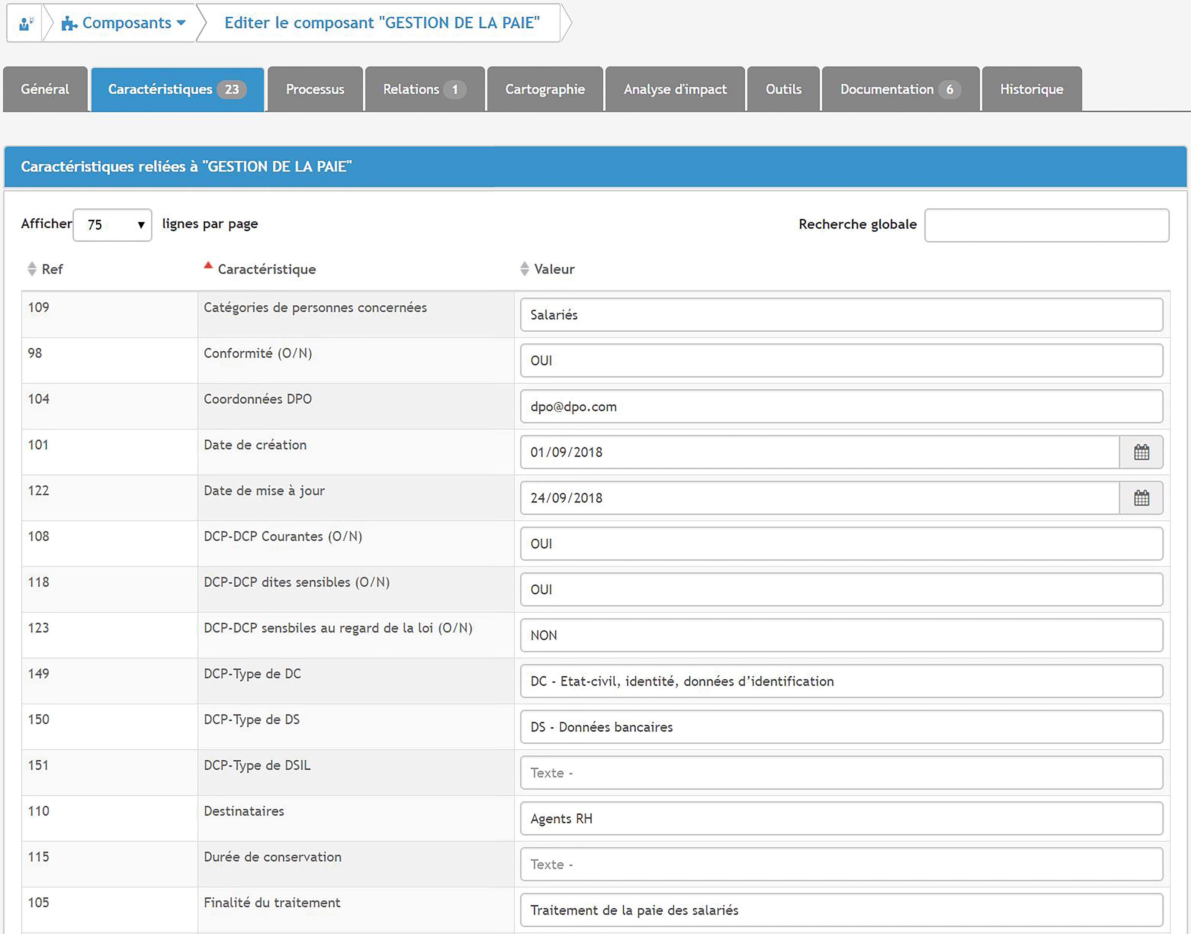 EKIALIS Explore - Aperçu des traitements inventoriés avec leurs caractéristiques de conformité RGPD