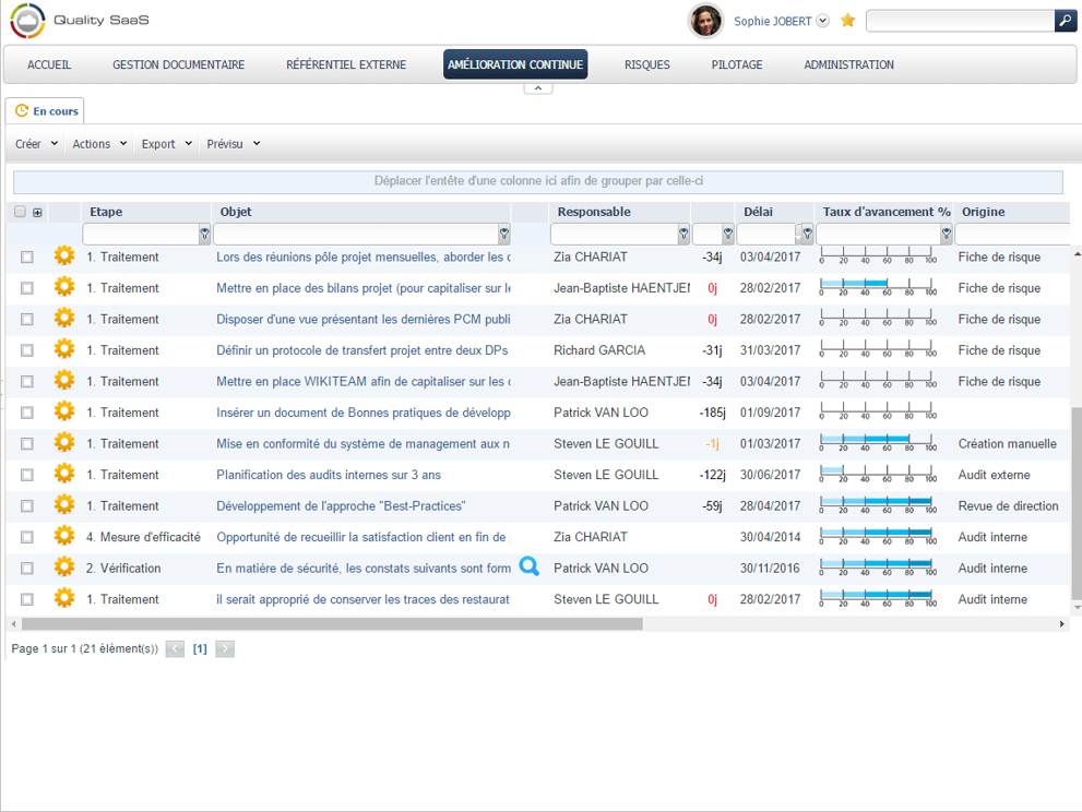 Quality SaaS - Classement et suivi des plans d'actions selon par date, délai, pilote, processus, origine, etc.