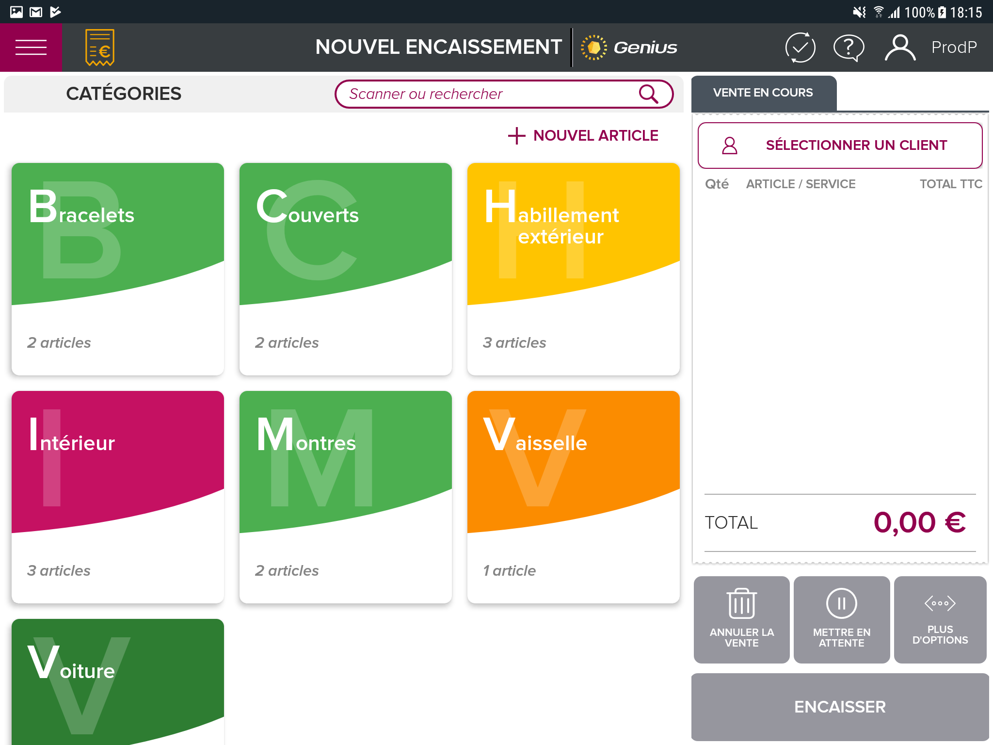 Genius Caisse Connectée - Écran principal à l'ouverture de votre caisse Genius : accès à l'encaissement et à vos catégories pour sélectionner ou ajouter des produits