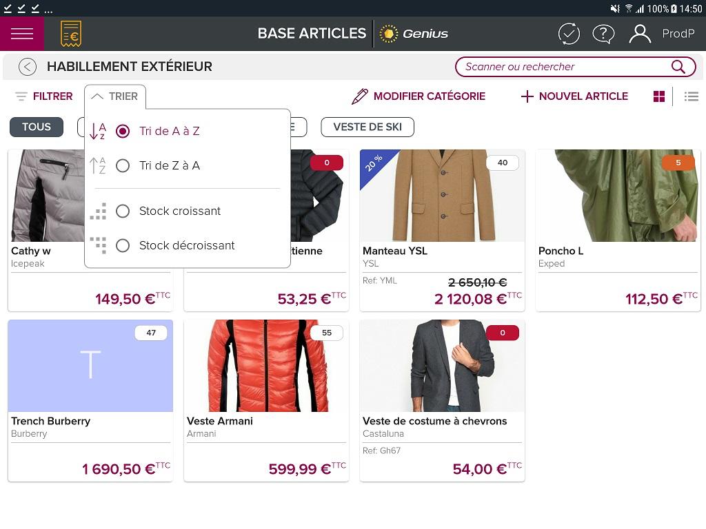 Genius Caisse Connectée - Ecran présentant votre catalogue digitalisé. Vous pouvez ajouter, supprimer ou modifier vos catégories et articles très simplement