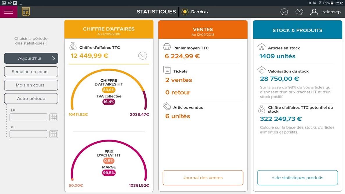 Genius Caisse Connectée - Écran consolidant vos statistiques. Cet écran est personnalisable à la période de votre choix.