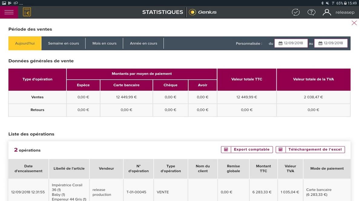Genius Caisse Connectée - Écran consolidant votre journal des ventes. Facilement exportable pour votre comptable