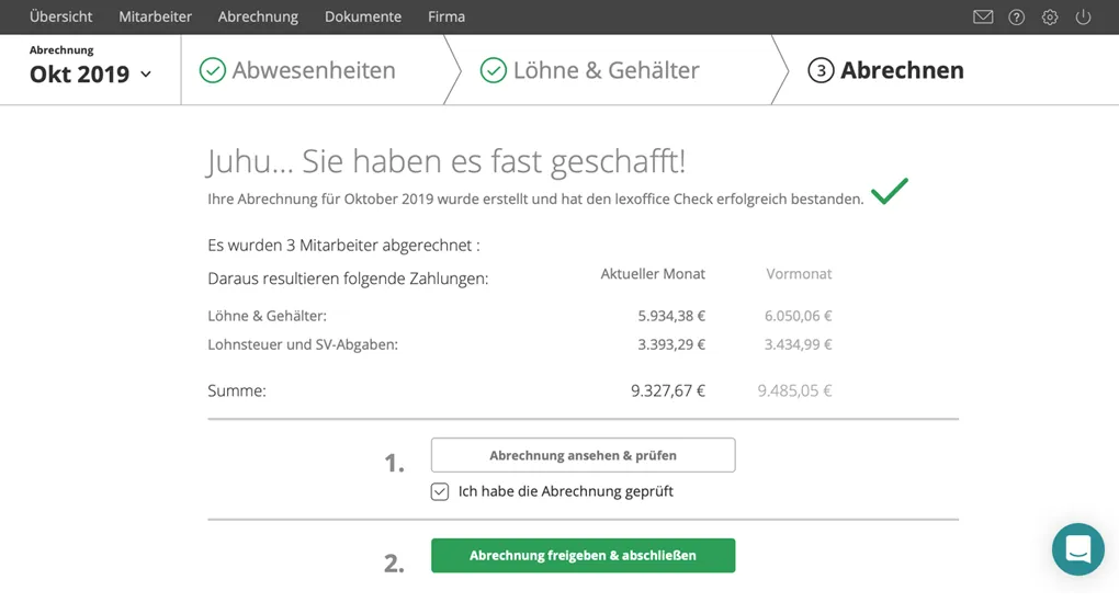 lexoffice Lohn & Gehalt - Die monatliche Abrechnung: Im dritten und letzten Schritt prüfen Sie die Lohnabrechnungen und schließen Sie ab.