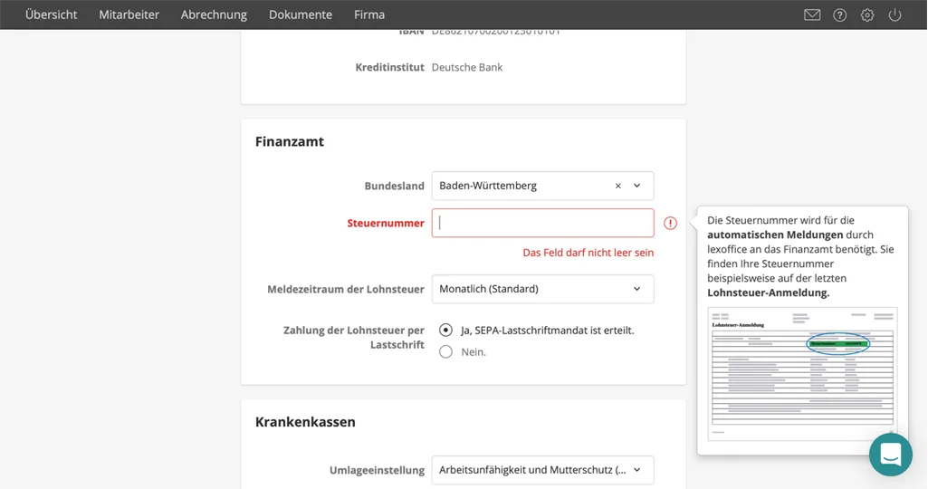 lexoffice Lohn & Gehalt - Das ist ein Beispiel unserer zahlreichen Kontexthilfen direkt im Programm. Über die Chat-Bubble unten rechts erreichen Sie unseren Support.