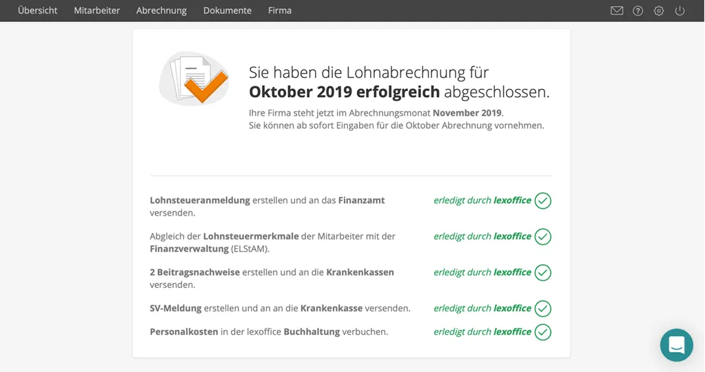 lexoffice Lohn & Gehalt - Nach dem Abschluss der Lohnabrechnung erstellt und verschickt lexoffice automatisch alle Meldungen an das Finanzamt und die Krankenkassen.