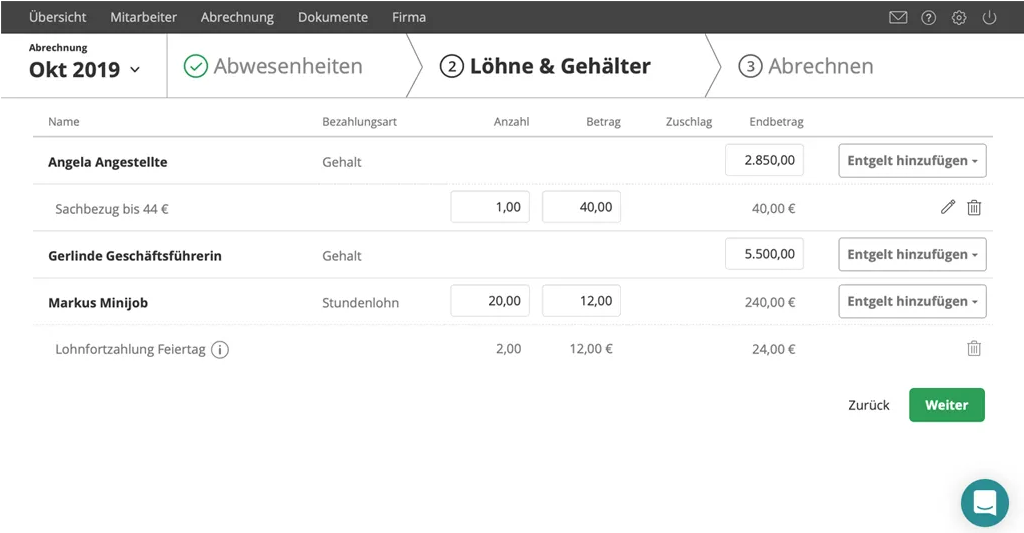 lexoffice Lohn & Gehalt - Die monatliche Abrechnung: Im zweiten Schritt erfassen Sie bei Stundenlohnempfängern die geleisteten Arbeitsstunden. Sie können zudem weitere Entgeltbestandteile hinzufügen.