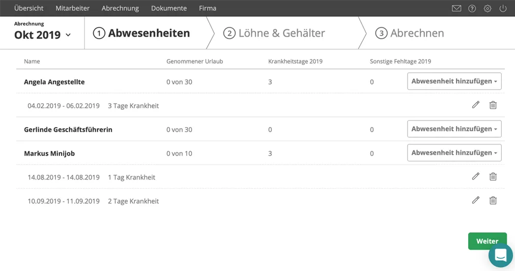 lexoffice Lohn & Gehalt - Die monatliche Abrechnung: Im ersten Schritt erfassen Sie eventuelle Abwesenheiten wie Urlaub oder Krankheit.