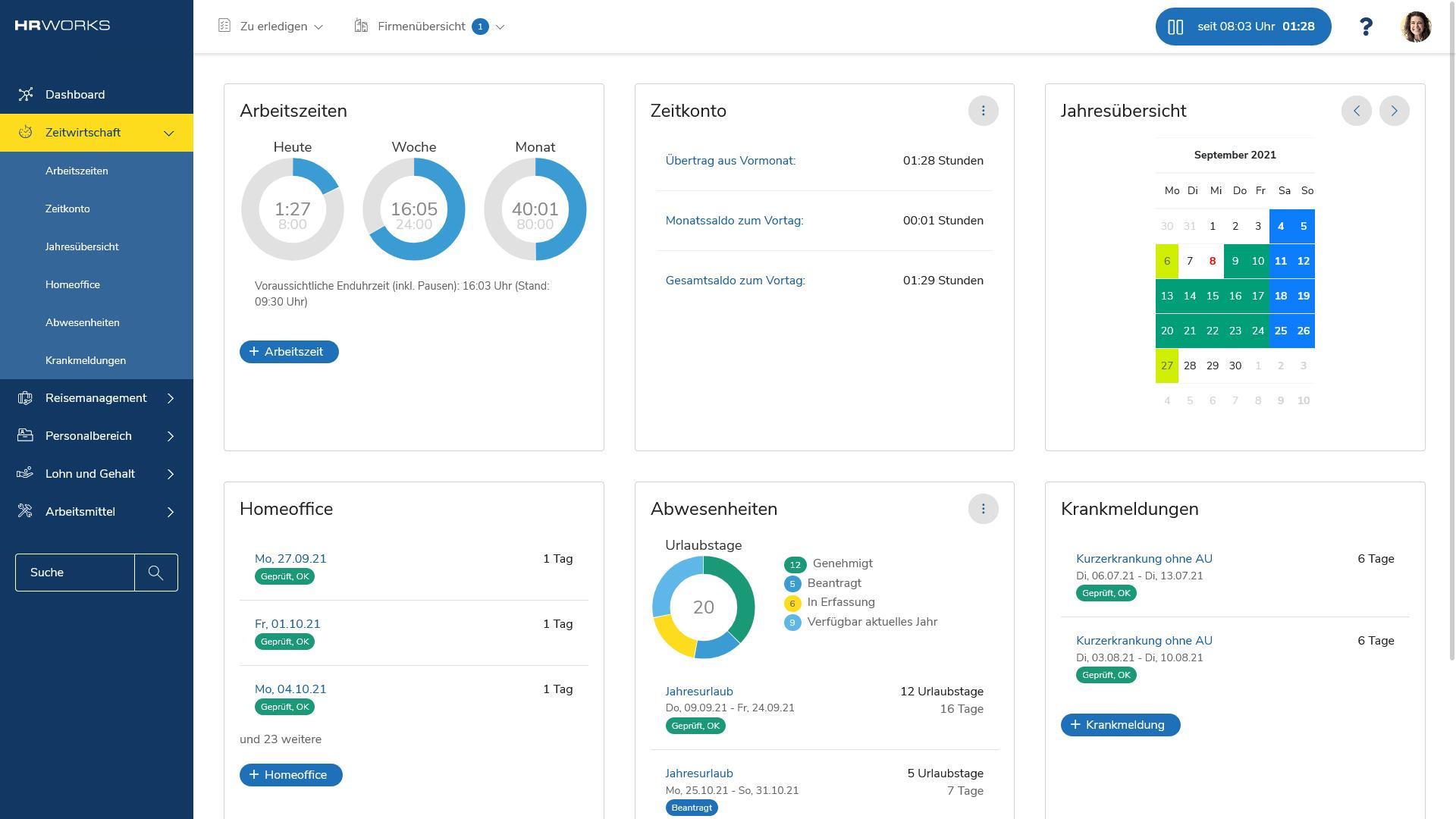 HRworks - Übersicht eines Mitarbeiter. Arbeitszeit erfassen, Urlaub beantragen, Homeoffice beantragen u.v.m