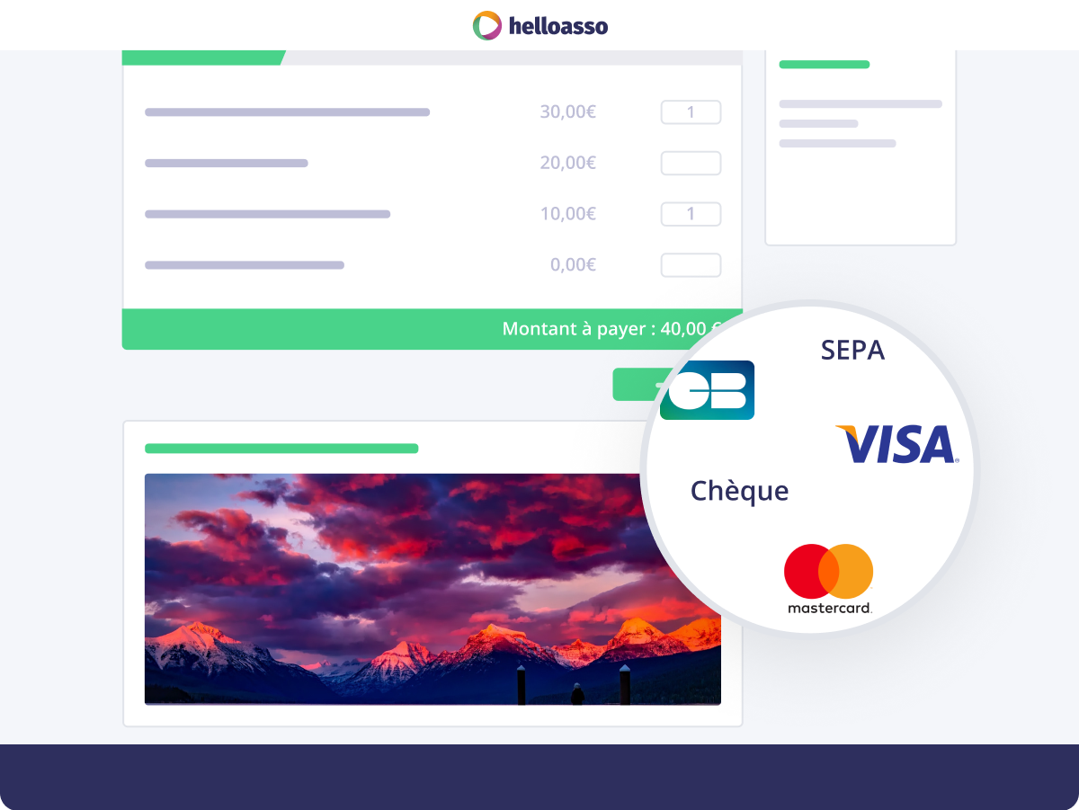 HelloAsso - Plusieurs modalités de paiement : chèque, CB et Visa à paramétrer selon vos envies