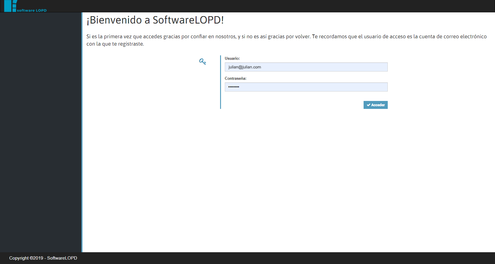 SoftwareLOPD - Pantalla de inicio de sesión