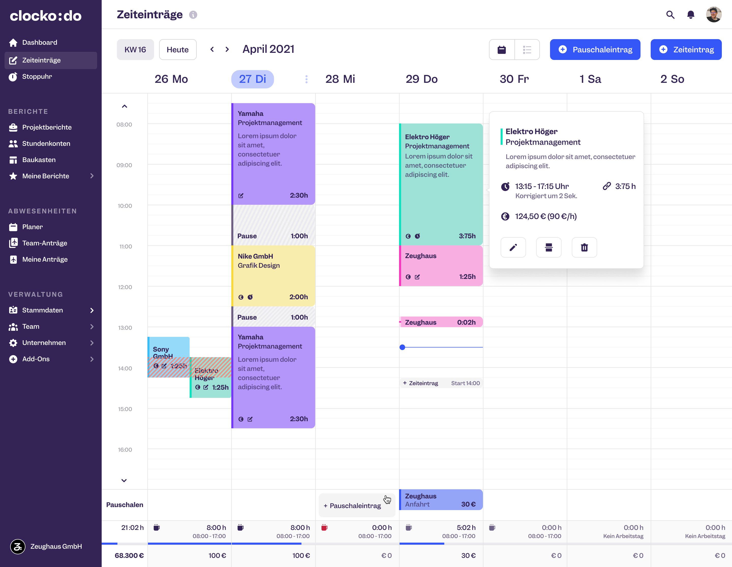 Clockodo - Stundentafel mit allen Infos im Überblick