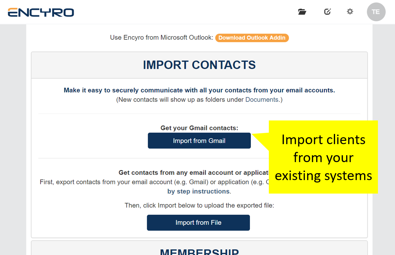 Encyro - All your existing contacts can be imported into Encyro. As you start typing a client name or address, the relevant contact is automatically suggested.