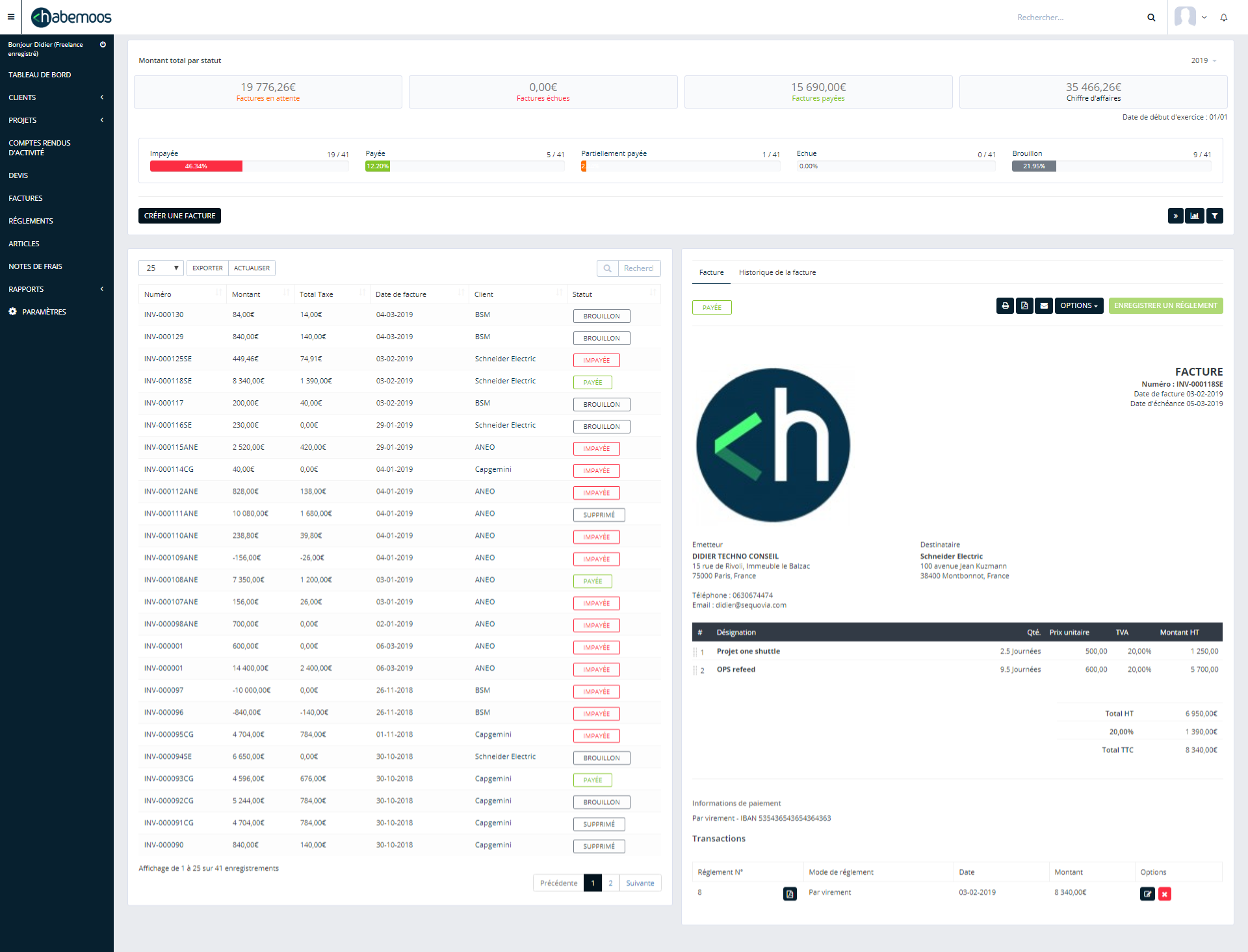 habemoos - Liste des factures et aperçu rapide