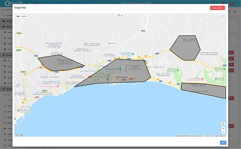 Optima-CRM - Google Maps: integración interactiva. Dibujar en mapas para definir áreas de interés y buscar propiedades.