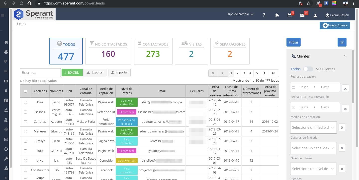 CRM Inmobiliario Sperant - Administración de Leads para realizar seguimiento de llamadas, visitas, recordatorios, etc