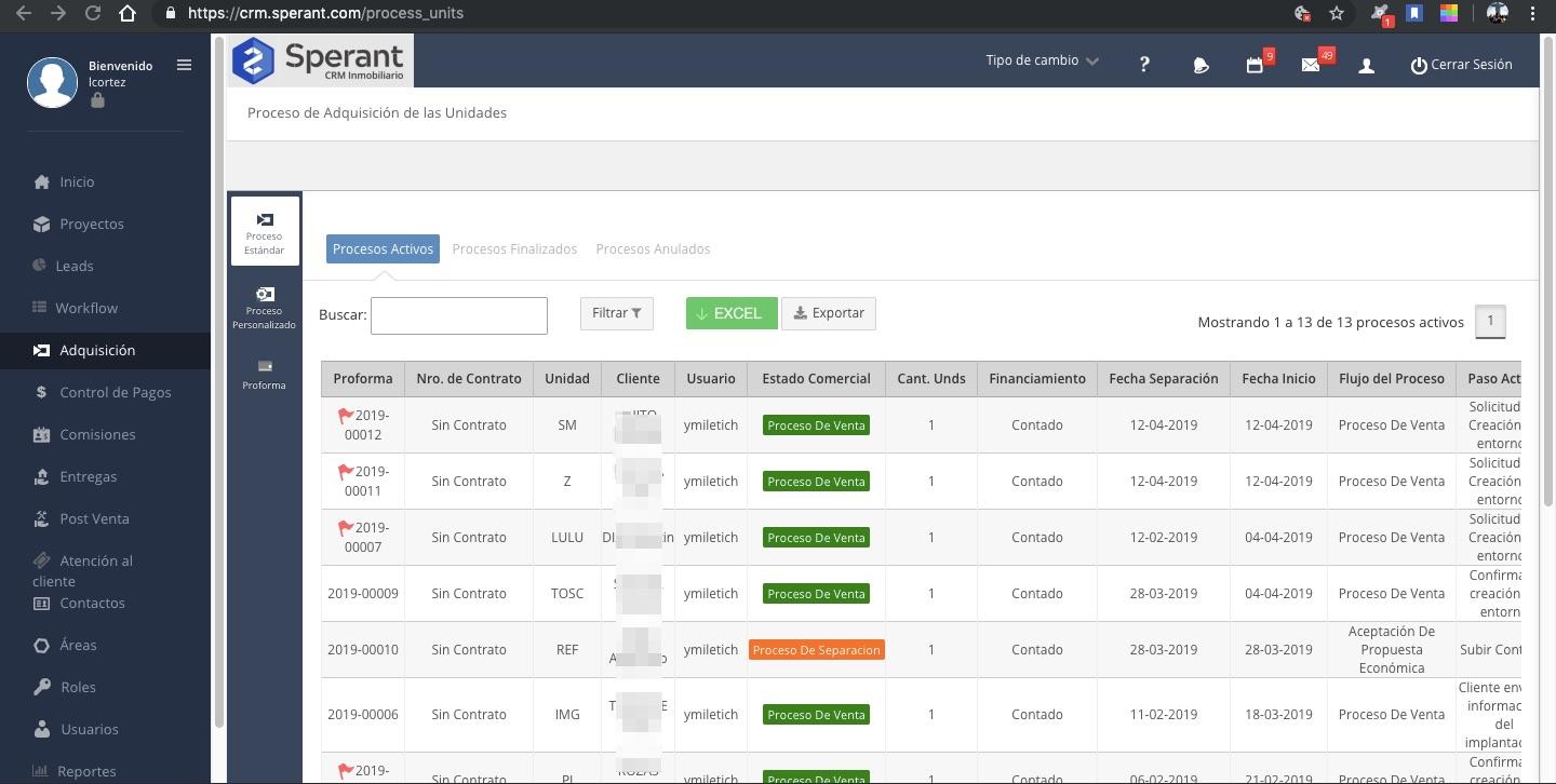 CRM Inmobiliario Sperant - Vista de administración de ventas de unidades con generación de documentos automáticos.