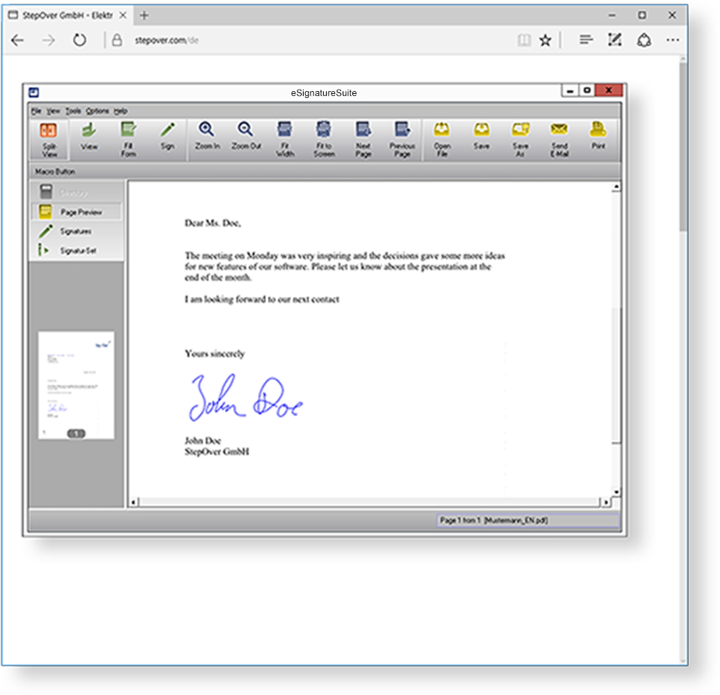 The signing solution for PDF/A Documents
eSignatureSuite makes it possible to display and sign PDF/A documents. Form fields can also be filled out and saved in eSignatureSuite. The signing solution for PDF/A Documents
eSignatureSuite makes it possible to display and sign PDF/A documents. Form fields can also be filled out and saved in eSignatureSuite.