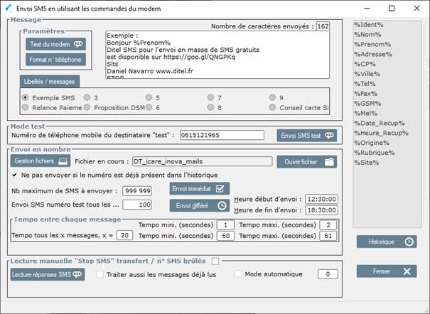 Ditel SMS Mailing - Ecran envoi SMS