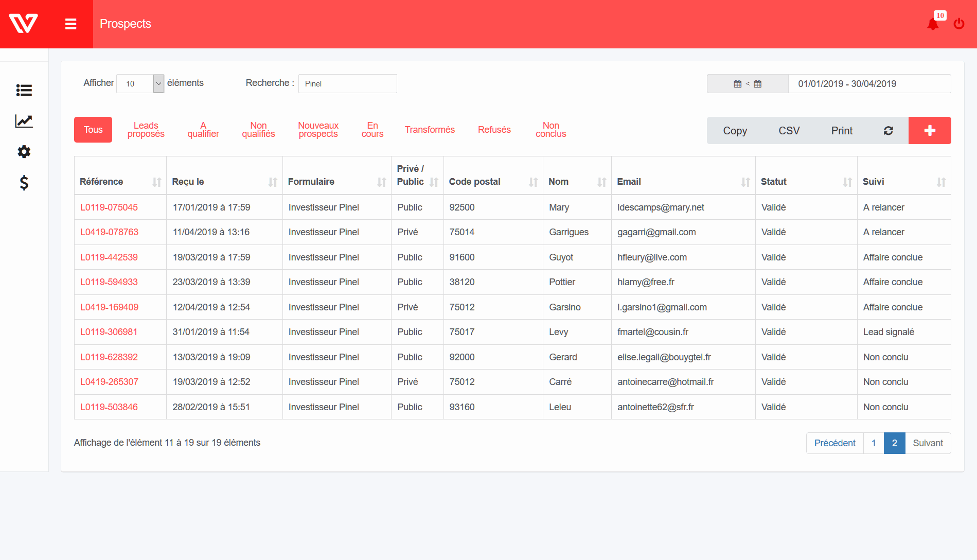 Leadvalue - Interface desktop : tableau des leads