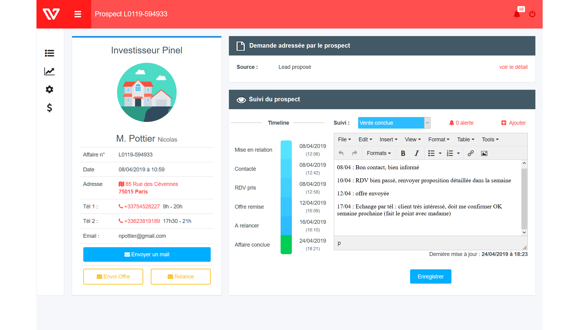 Leadvalue - Interface desktop : suivi d'un prospect