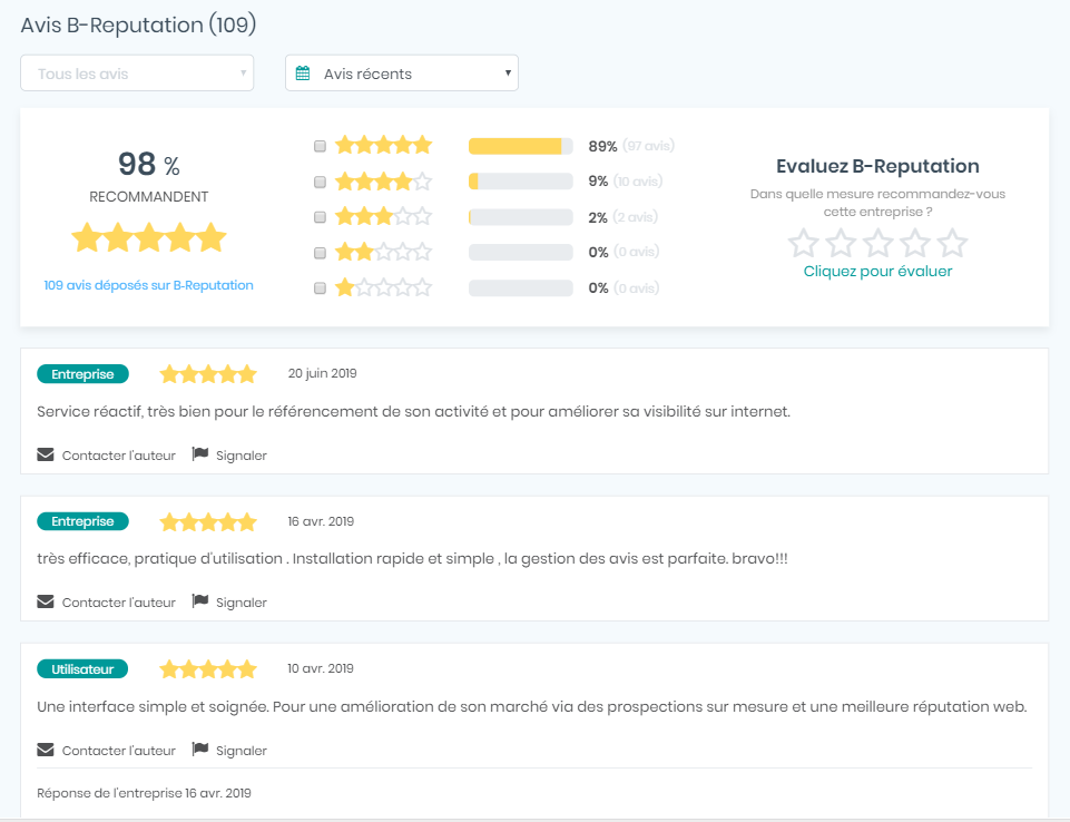 Avis clients B-Reputation - Afficher ses avis entreprise sur son site web