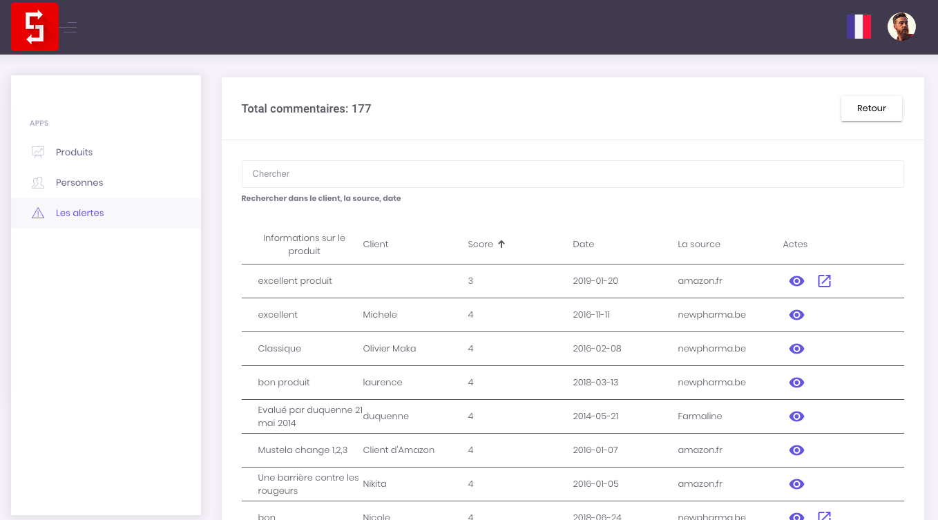 Simple Feedback - Vue alerte: liste des avis négatifs afin d'intervenir rapidement.