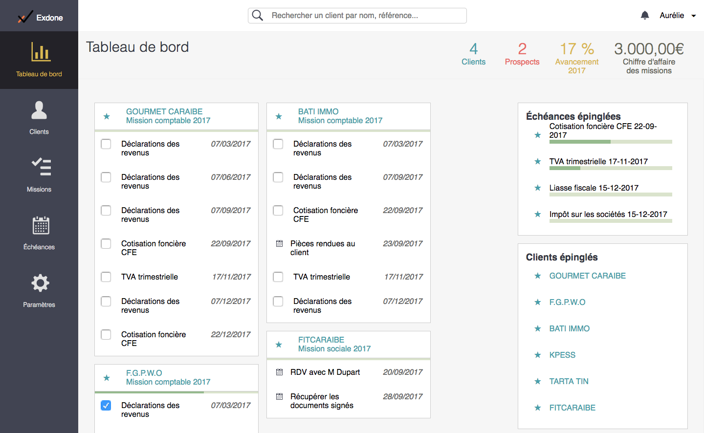 Exdone - Le dashboard, pour une vision d'ensemble des échéances à venir par dossier de mission mises en favoris.